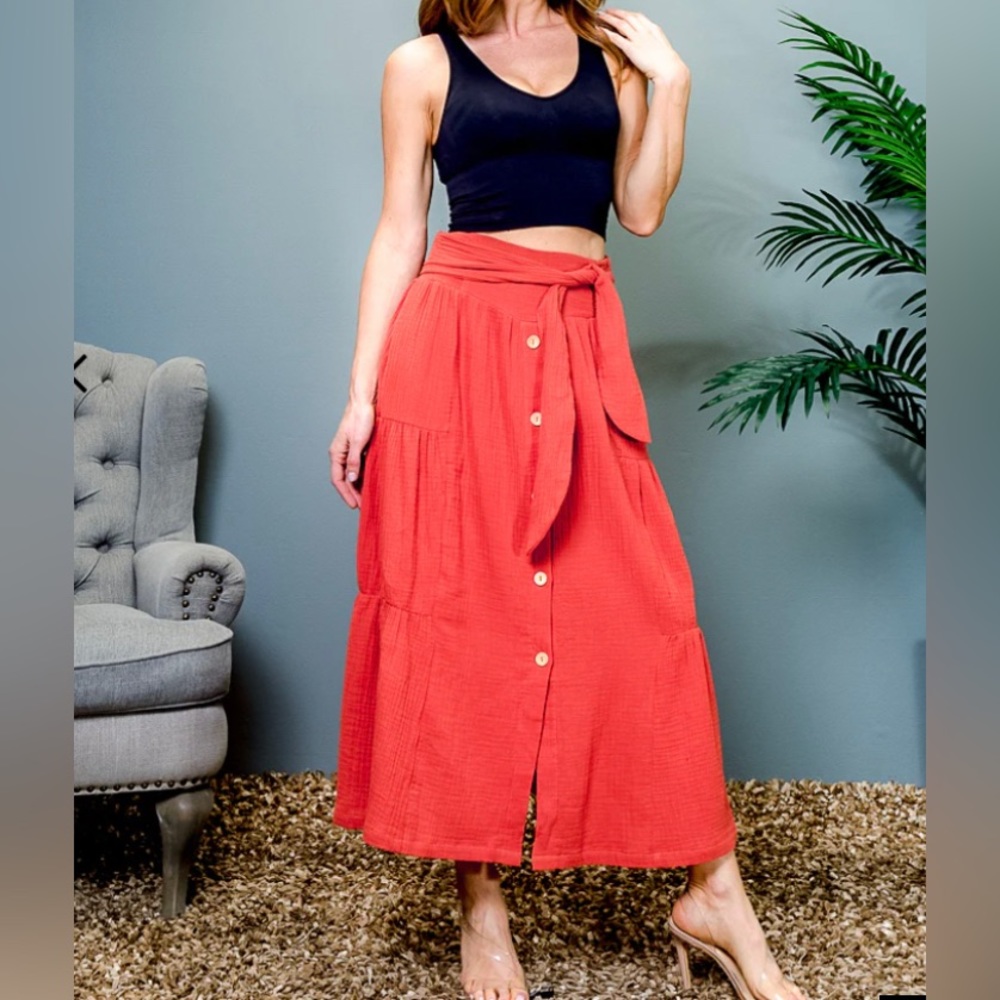 NWT High waist Button Down Cotton Maxi Skirt with Sash waist tie in Rust - Picture 2 of 8